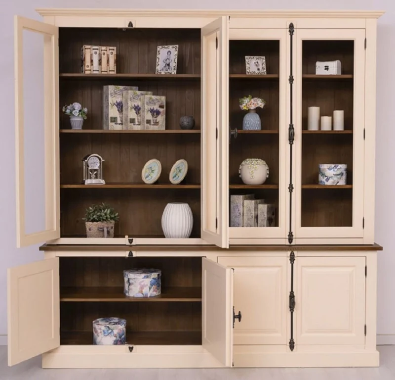 Casa Padrino Landhausstil Esszimmerschrank Creme / Braun 223 x 50 x H. 228 cm - Massivholz Küchenschrank - Esszimmer Möbel im Landhausstil - Landhausstil Esszimmer Einrichtung