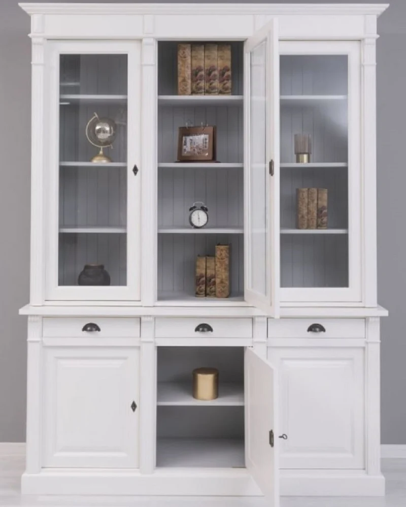 Casa Padrino Landhausstil Bücherschrank Weiß / Grau 183 x 51 x H. 240 cm - Massivholz Schrank - Regalschrank - Wohnzimmerschrank - Büroschrank - Landhausstil Möbel