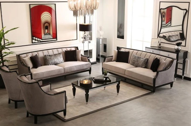 Casa Padrino Luxus Barock Wohnzimmer Set Grau / Schwarz / Silber - 2 Barock Sofas & 2 Barock Sessel & 1 Barock Couchtisch - Handgefertigte Wohnzimmer Möbel im Barockstil - Edel & Prunkvoll