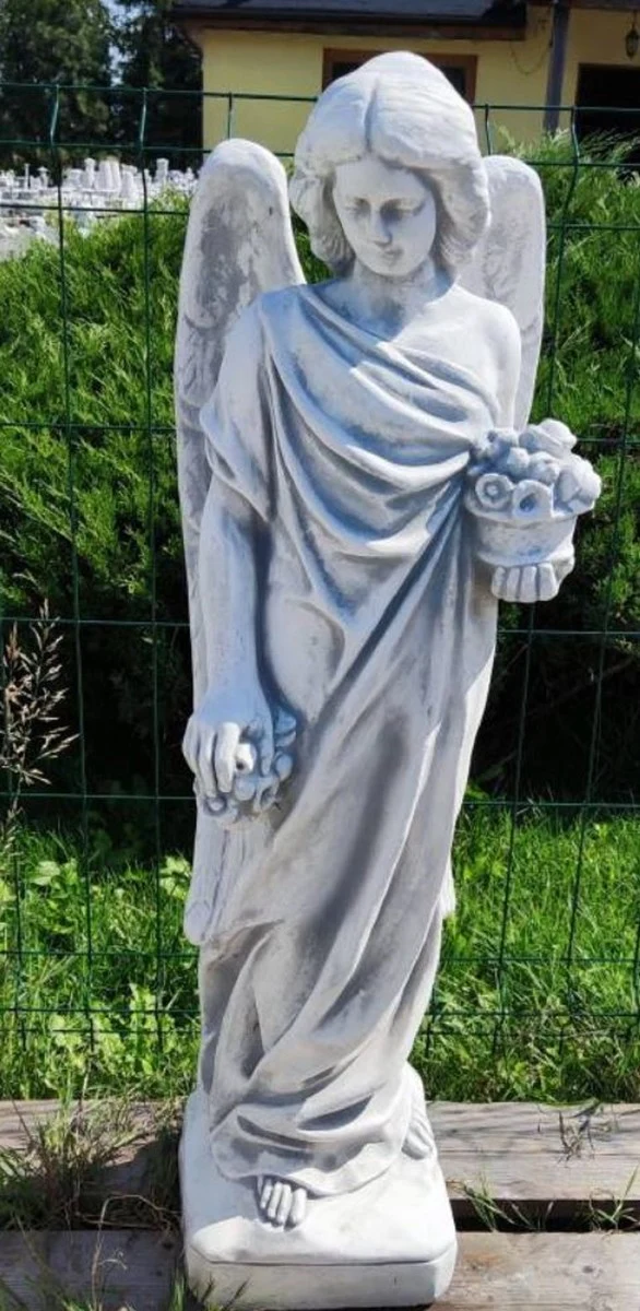 Casa Padrino Jugendstil Garten Deko Skulptur Engel mit Blumen Grau 30 x 30 x H. 104 cm - Elegante Garten Deko Stein Figur - Barock & Jugendstil Garten Deko Accessoires - Garten Deko Skulpturen