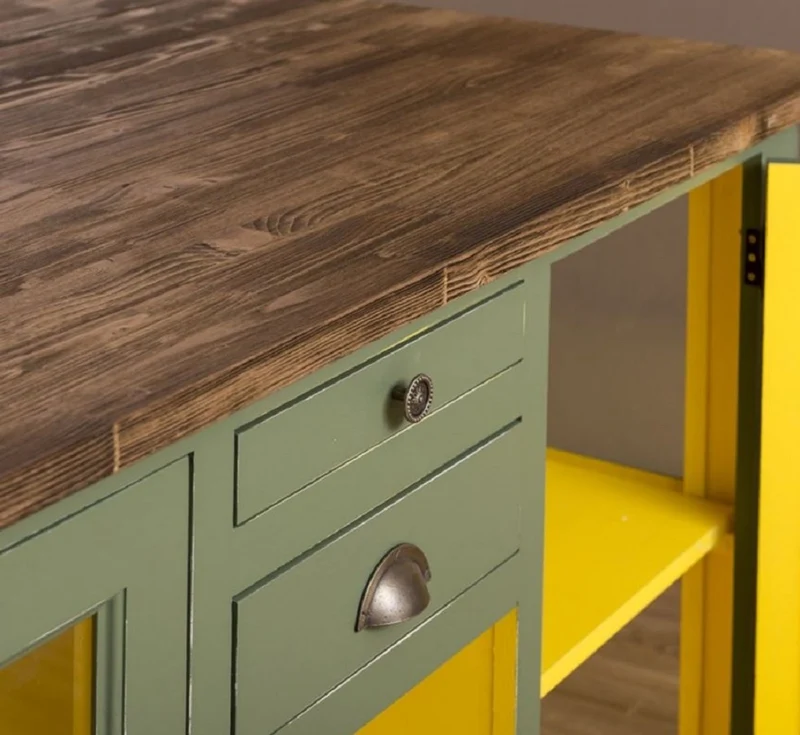 Casa Padrino Landhausstil Kücheninsel Grün / Gelb / Braun 150 x 90 x H. 90 cm - Massivholz Küchenschrank - Landhausstil Massivholz Küchen Möbel - Massivholz Esszimmer Möbel im Landhausstil