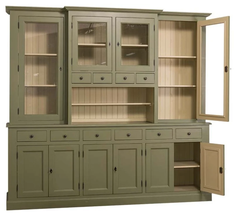 Casa Padrino Landhausstil Küchenschrank Grün / Beige 244 x 45 x H. 225 cm - 2 Teiliger Küchenschrank mit 10 Türen und 10 Schubladen