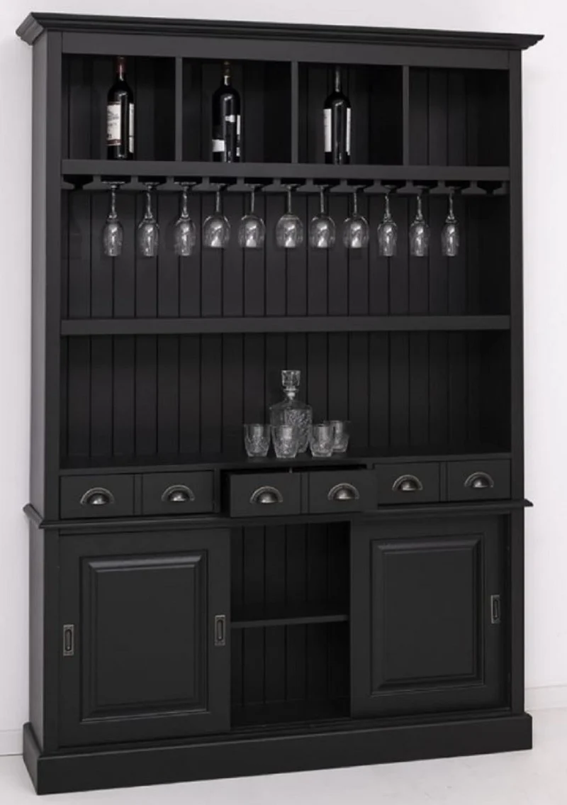 Casa Padrino Landhausstil Massivholz Barschrank Schwarz 151 x 36 x H. 210 cm - Massivholz Weinschrank im Landhausstil - Massivholz Bar Möbel - Landhausstil Bar Möbel