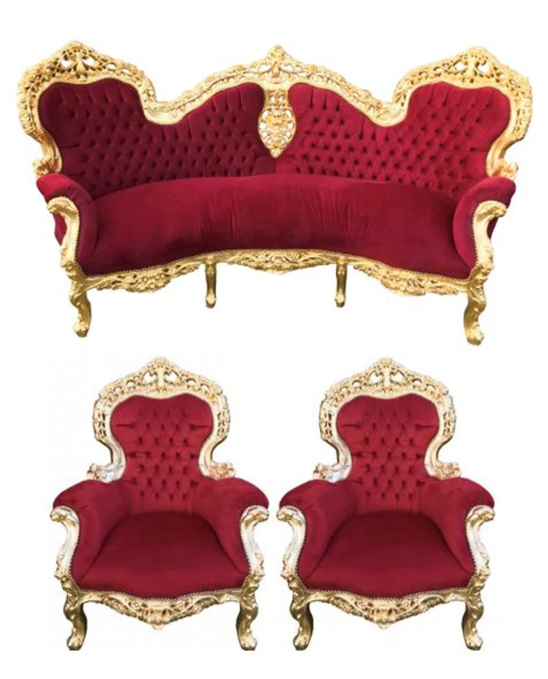 Casa Padrino Barock Sofa Garnitur Bordeaux/Gold + 2 Sessel - Wohnzimmer Barock - Limited Edition
