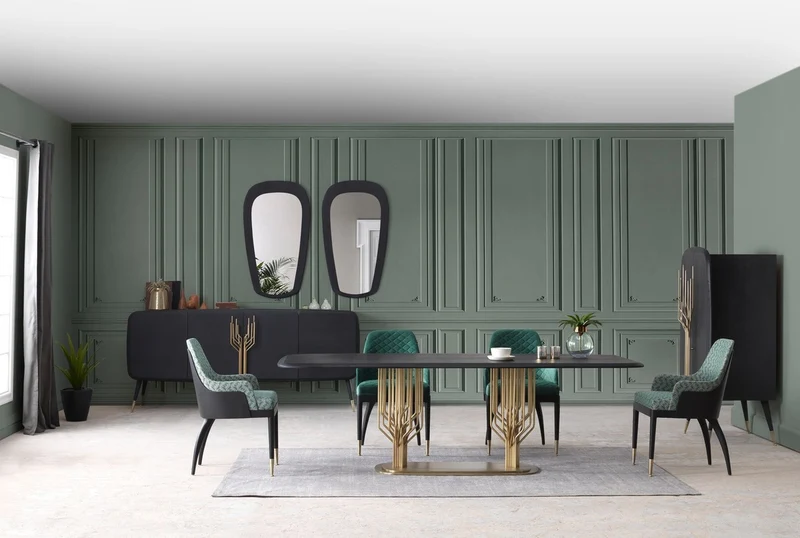 Casa Padrino Luxus Esszimmerstuhl 6er Set mit Armlehnen Grün / Schwarz / Messing 55 x 59 x H. 88 cm - Esszimmer Möbel - Restaurant Möbel - Esszimmer Einrichtung - Luxus Möbel - Luxus Einrichtung