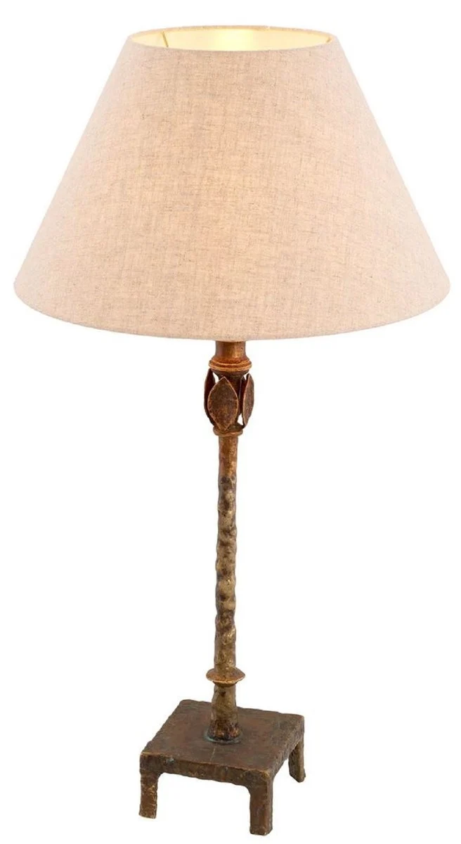 Casa Padrino Luxus Tischleuchte Vintage Messing / Beige Ø 44,5 x H. 84 cm - Schreibtischleuchte mit rundem Lampenschirm - Luxus Tischleuchten - Luxus Schreibtischleuchten - Luxus Leuchten
