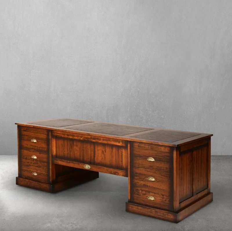 Casa Padrino Luxus Vintage Stil Schreibtisch Braun 220 x 95 x H. 78,5 cm - Massivholz Bürotisch mit 12 Schubladen - Vintage Stil Büro Möbel - Luxus Büro Möbel - Massivholz Büro Möbel