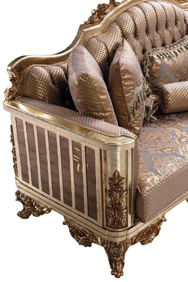 Casa Padrino Luxus Barock Sofa Kupfer / Antik Silber / Gold - Barockstil Wohnzimmer Sofa mit elegantem Muster - Luxus Wohnzimmer Möbel im Barockstil - Barock Einrichtung - Barock Möbel
