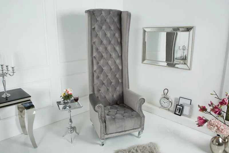 Casa Padrino Chesterfield High Back Sessel Silbergrau - Thron König Hochlehn Sessel - Modern Barock Hochlehner