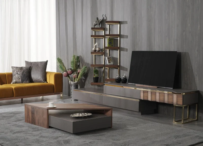 Casa Padrino Luxus Wohnzimmer TV Schrank Set Grau / Braun / Gold - 1 TV Schrank mit 4 Schubladen & 2 Wandregale - Wohnzimmer Möbel - Massivholz Möbel - Luxus Möbel - Luxus Einrichtung