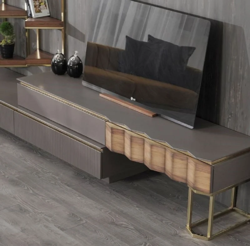Casa Padrino Luxus Wohnzimmer TV Schrank Set Grau / Braun / Gold - 1 TV Schrank mit 4 Schubladen & 2 Wandregale - Wohnzimmer Möbel - Massivholz Möbel - Luxus Möbel - Luxus Einrichtung