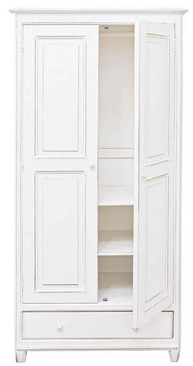 Casa Padrino Landhausstil Schlafzimmerschrank Antik Weiß 90 x 55 x H. 190 cm - Massivholz Kleiderschrank mit 2 Türen und Schublade - Massivholz Schlafzimmer Möbel im Landhausstil