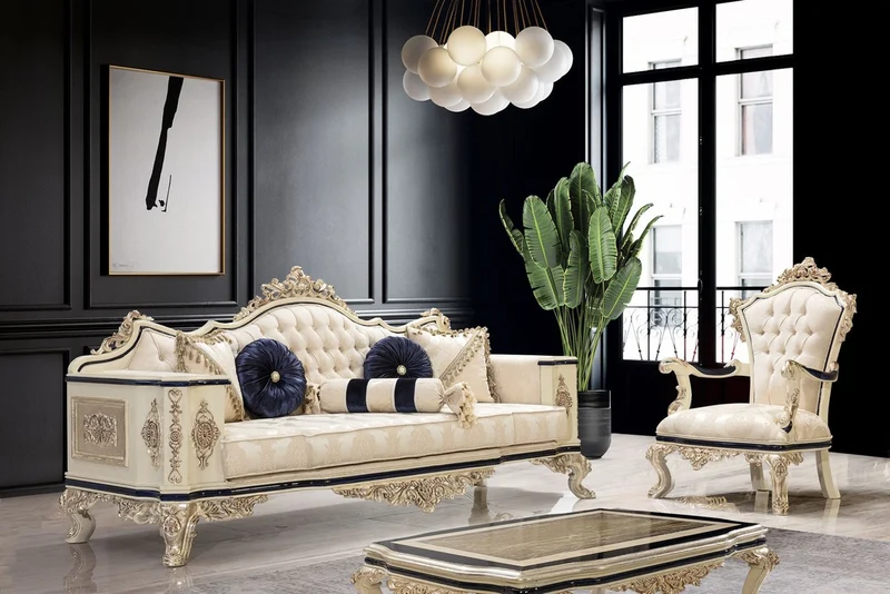 Casa Padrino Luxus Barock Sofa Weiß / Creme / Schwarz / Antik Gold - Barockstil Wohnzimmer Sofa mit elegantem Muster - Luxus Wohnzimmer Möbel im Barockstil - Barock Einrichtung - Barock Möbel