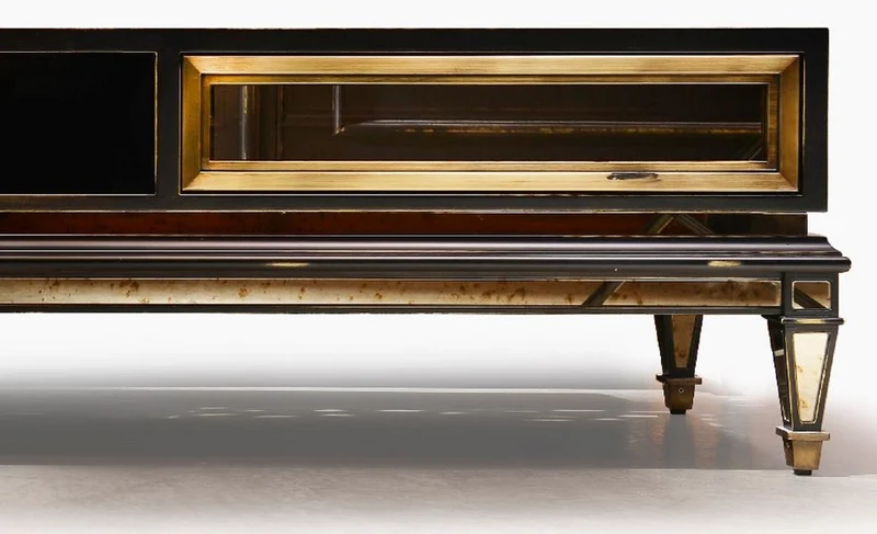 Casa Padrino Luxus Art Deco TV Schrank Schwarz / Gold / Messing 204 x 46 x H. 52,5 cm - Wohnzimmer Sideboard mit 2 Schubladen - Art Deco Möbel - Wohnzimmer Möbel - Luxus Möbel