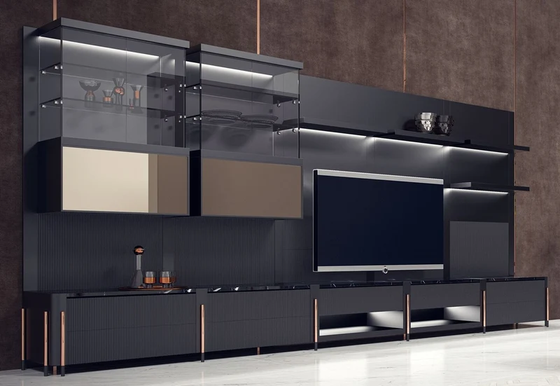 Casa Padrino Luxus TV Schrank Matt Schwarz / Schwarz / Kupfer 452 x 47 x H. 202 cm - Wohnzimmer Schrank mit LED Beleuchtung - Wohnzimmer Möbel - Hotel Möbel - Luxus Möbel