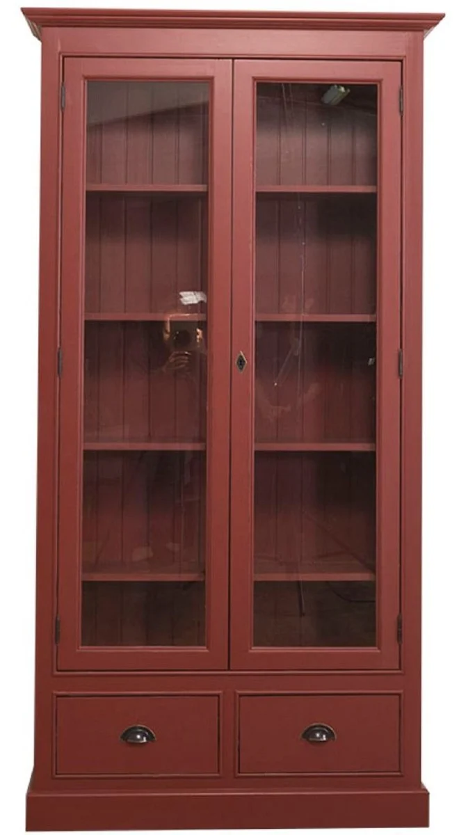 Casa Padrino Landhausstil Wohnzimmer Vitrinenschrank Bordeauxrot 109 x 39 x H. 210 cm - Wohnzimmerschrank mit 2 Glastüren und 2 Schubladen
