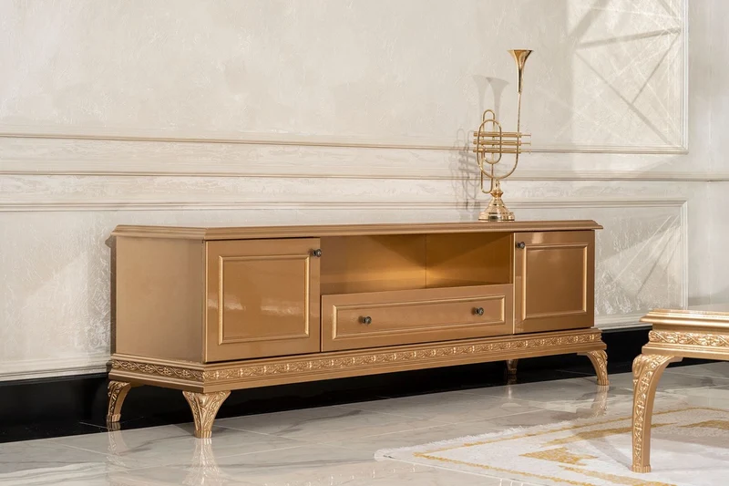 Casa Padrino Luxus Barock TV Schrank Gold - Prunkvolles Massivholz Sideboard mit 2 Türen und Schublade - Wohnzimmer Möbel im Barockstil - Barock Möbel - Edel & Prunkvoll