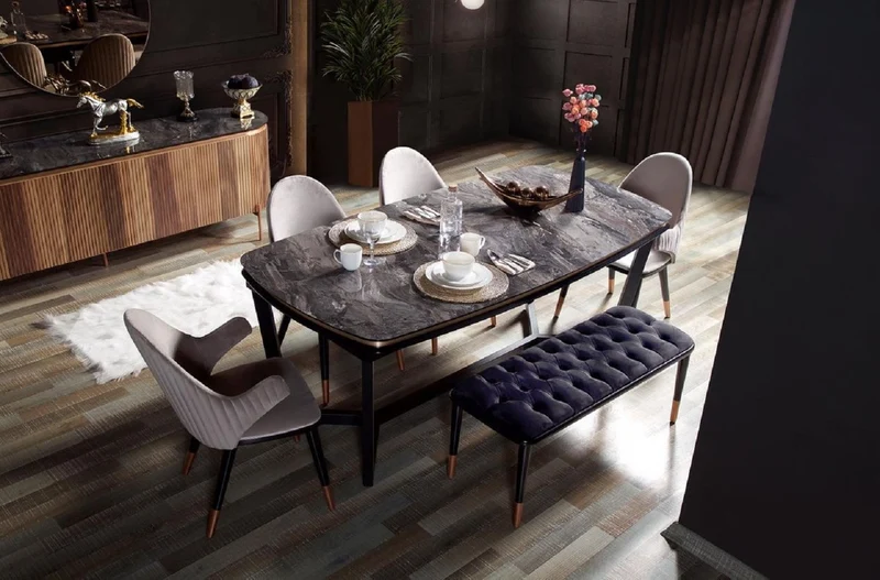 Casa Padrino Luxus Esszimmerstuhl 8er Set mit Armlehnen Grau / Schwarz / Kupfer 52 x 52 x H. 88 cm - Esszimmer Möbel - Restaurant Möbel - Esszimmer Einrichtung - Luxus Möbel - Luxus Einrichtung