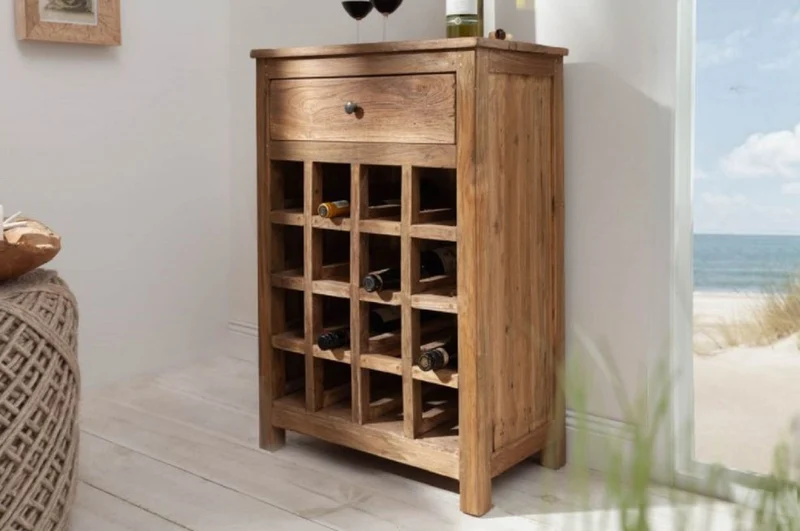 Casa Padrino Landhausstil Weinschrank mit Schublade und Weinflaschen Regal Naturfarben 56 x 31 x H. 81 cm - Barschrank aus recyceltem Massivholz - Bar Möbel - Landhausstil Möbel