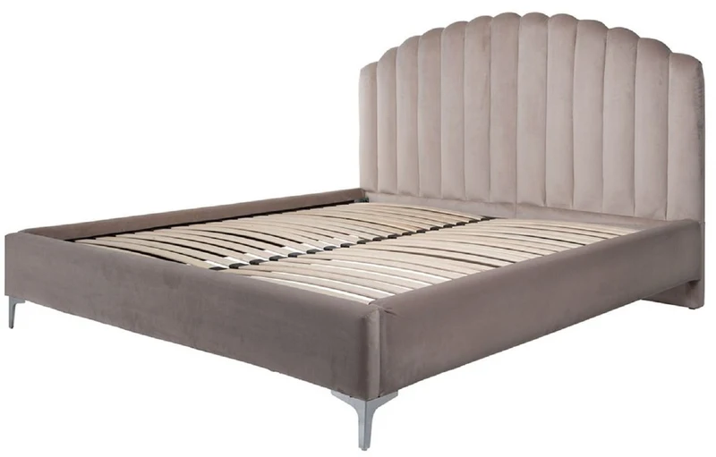 Casa Padrino Luxus Art Deco Doppelbett Khaki / Silber 195 x 218 x H. 130 cm - Massivholz Bett mit edlem Samtstoff - Luxus Schlafzimmer Möbel - Hotel Möbel - Art Deco Möbel