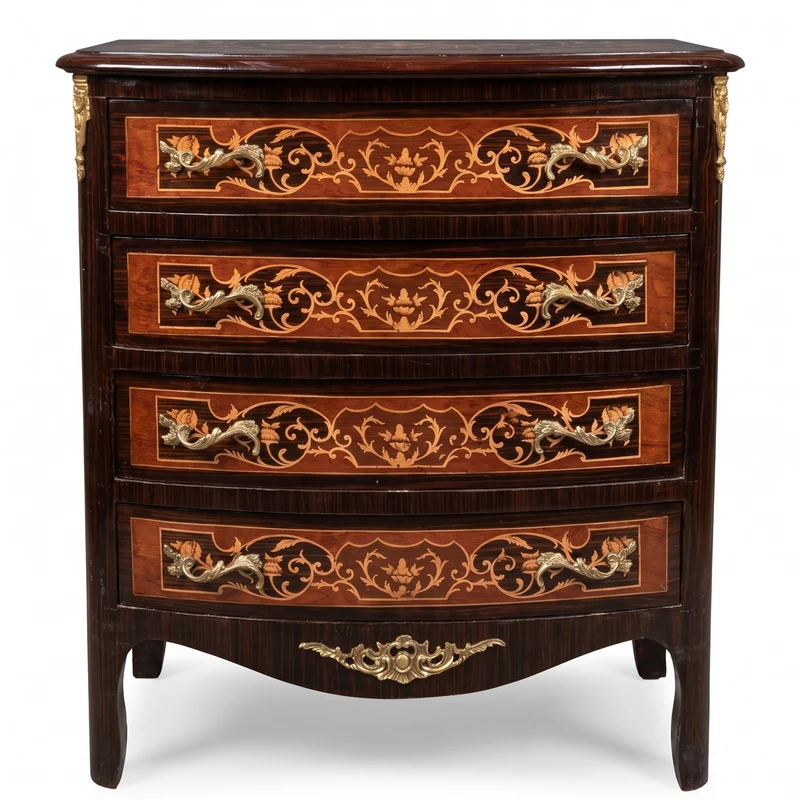 Casa Padrino Barock Kommode Dunkelbraun / Braun Intarsien / Gold - Barockstil Kommode mit 4 Schubladen - Barock Möbel - Prunkvolle Möbel im Barockstil - Edel & Prunkvoll