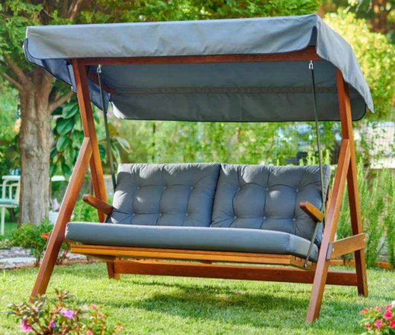 Casa Padrino Luxus Hollywood Schaukel Blau / Braun - Wetterfeste Garten Schaukel mit Sonnendach - Terrassen Möbel - Garten Möbel - Luxus Möbel - Luxus Garten Einrichtung