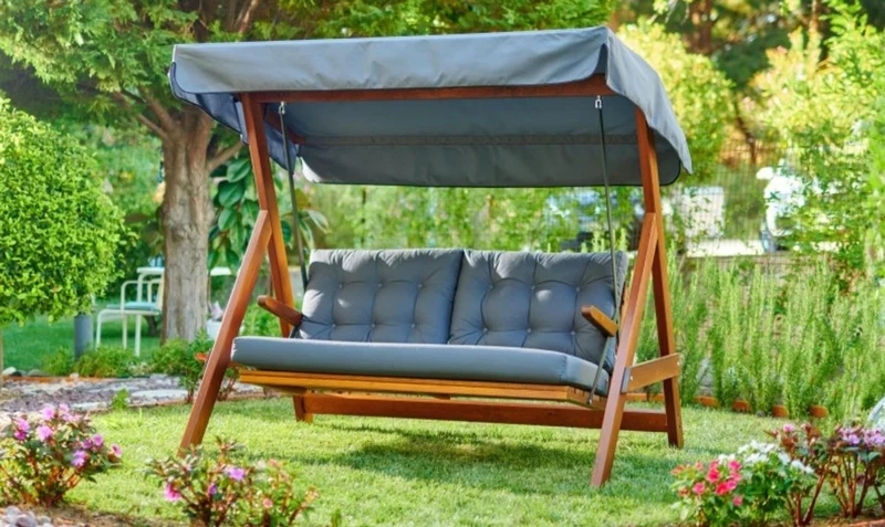 Casa Padrino Luxus Hollywood Schaukel Blau / Braun - Wetterfeste Garten Schaukel mit Sonnendach - Terrassen Möbel - Garten Möbel - Luxus Möbel - Luxus Garten Einrichtung