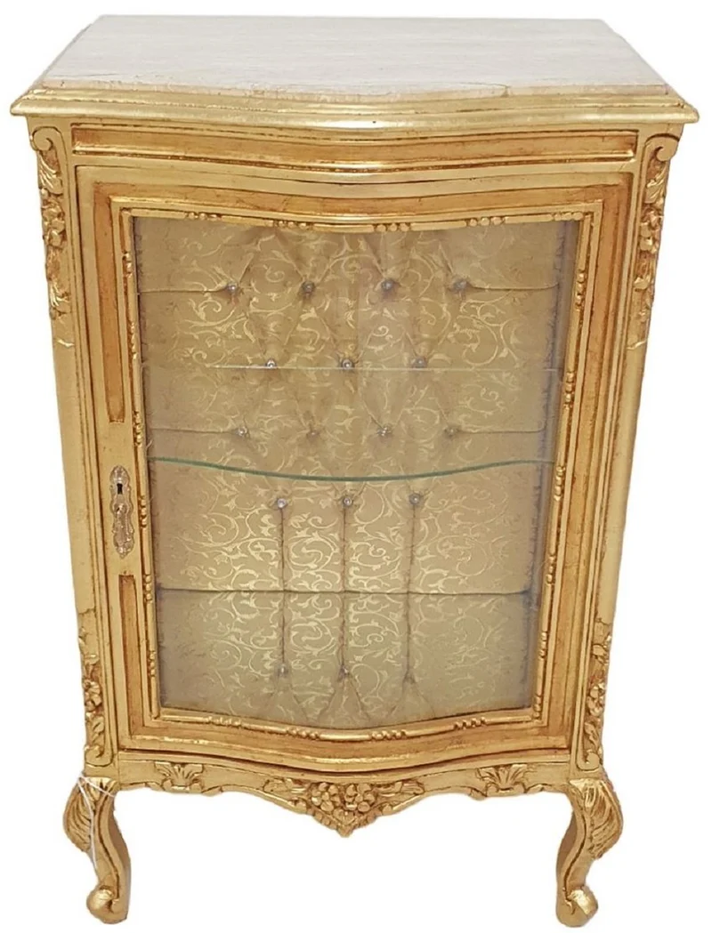 Casa Padrino Barock Vitrine Gold / Creme - Handgefertigter Massivholz Vitrinenschrank mit Glitzersteinen und Marmorplatte - Wohnzimmer Möbel im Barockstil - Barock Möbel