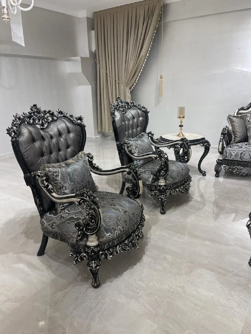 Casa Padrino Luxus Barock Wohnzimmer Set Silber / Weiß / Schwarz / Gold - 2 Barock Sofas & 2 Barock Sessel & 1 Barock Couchtisch - Luxus Wohnzimmer Möbel im Barockstil - Barock Möbel