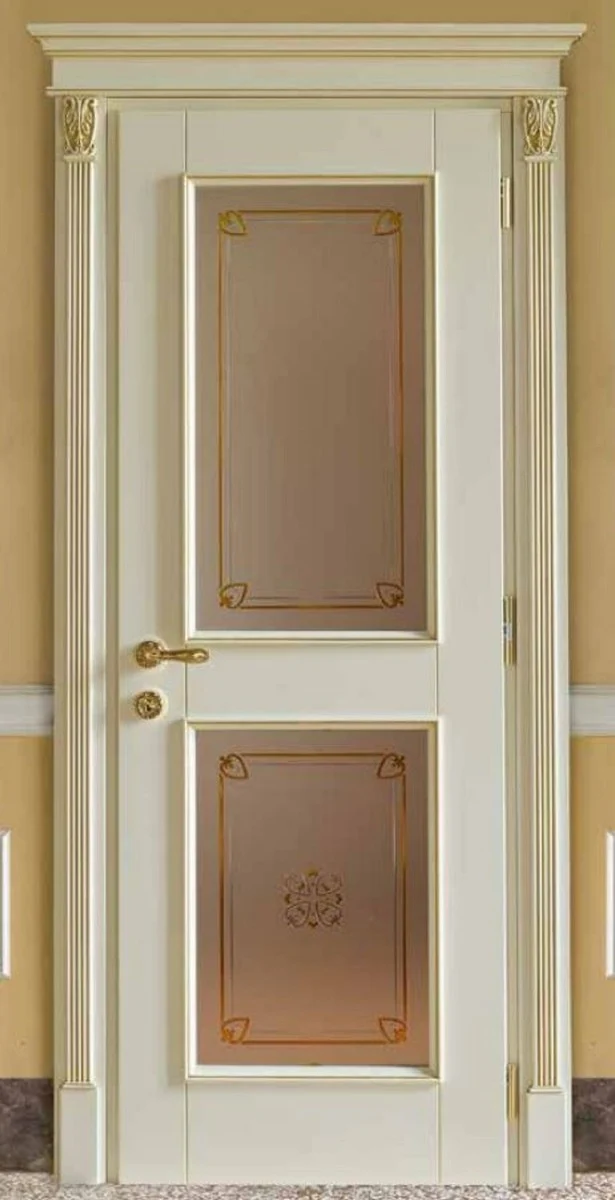 Casa Padrino Luxus Barock Wohnungstür Creme / Gold - Prunkvolle Massivholz Tür mit Glasfenstern und Rahmen - Luxus Möbel im Barockstil - Hotel Möbel - Barock Möbel - Luxus Qualität - Made in Italy