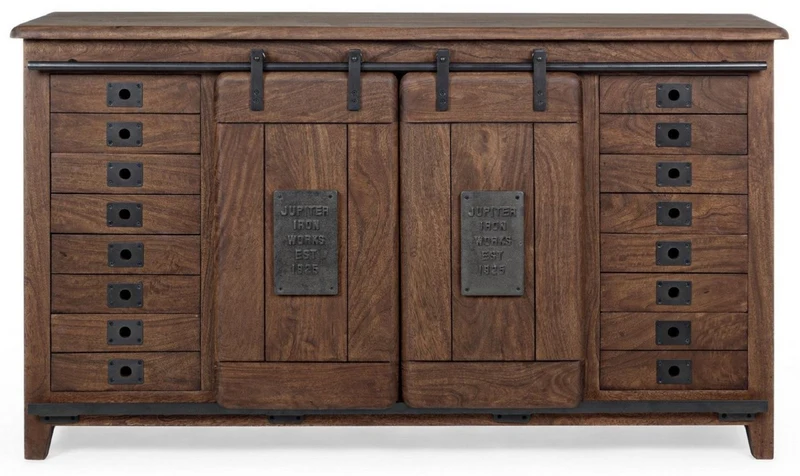 Casa Padrino Luxus Vintage Stil Sideboard mit 2 Schiebetüren und 16 Schubladen Dunkelbraun 168 x 43 x H. 94 cm - Massivholz Schrank - Vintage Stil Möbel - Luxus Möbel - Massivholz Möbel