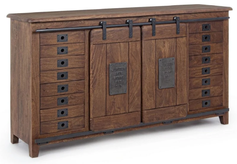 Casa Padrino Luxus Vintage Stil Sideboard mit 2 Schiebetüren und 16 Schubladen Dunkelbraun 168 x 43 x H. 94 cm - Massivholz Schrank - Vintage Stil Möbel - Luxus Möbel - Massivholz Möbel