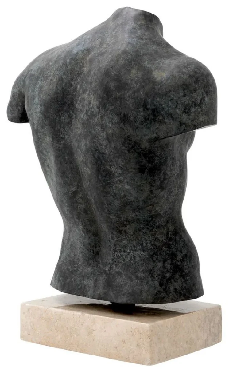 Casa Padrino Luxus Deko Torso Skulptur Antik Bronze / Beige 50 x 23 x H. 66 cm - Metall Deko Figur mit Marmorsockel - Wohnzimmer Deko - Schreibtisch Deko - Büro Deko - Deko Accessoires