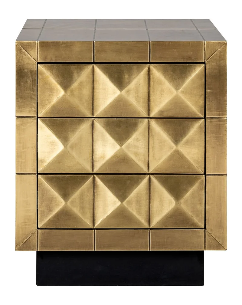 Nachttisch Collada brushed gold mit 3 Türen & Pyramidenmuster