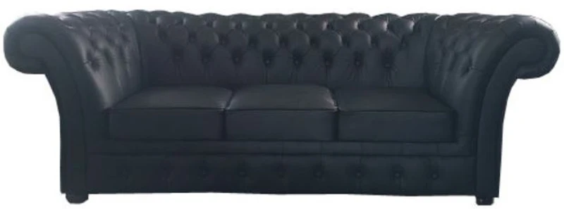Casa Padrino Luxus Echtleder 3er Sofa Schwarz 210 x 90 x H. 80 cm - Chesterfield Möbel