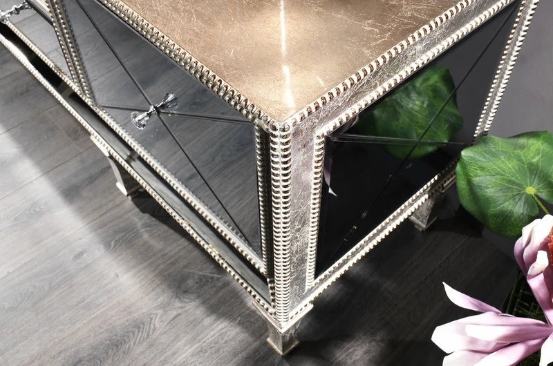 Casa Padrino Luxus Barock Fernsehschrank mit Spiegelglas Silber / Gold 200 x 55 x H. 72 cm - Verspiegelter TV Schrank - Luxus Qualität