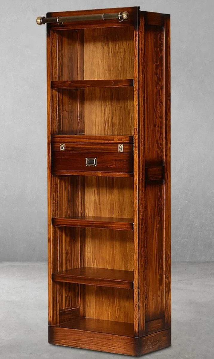 Casa Padrino Luxus Vintage Stil Bücherschrank Braun / Messing 60 x 34 x H. 185 cm - Massivholz Wohnzimmer Schrank - Büro Schrank - Wohnzimmer Möbel - Büro Möbel - Luxus Vintage Stil Möbel