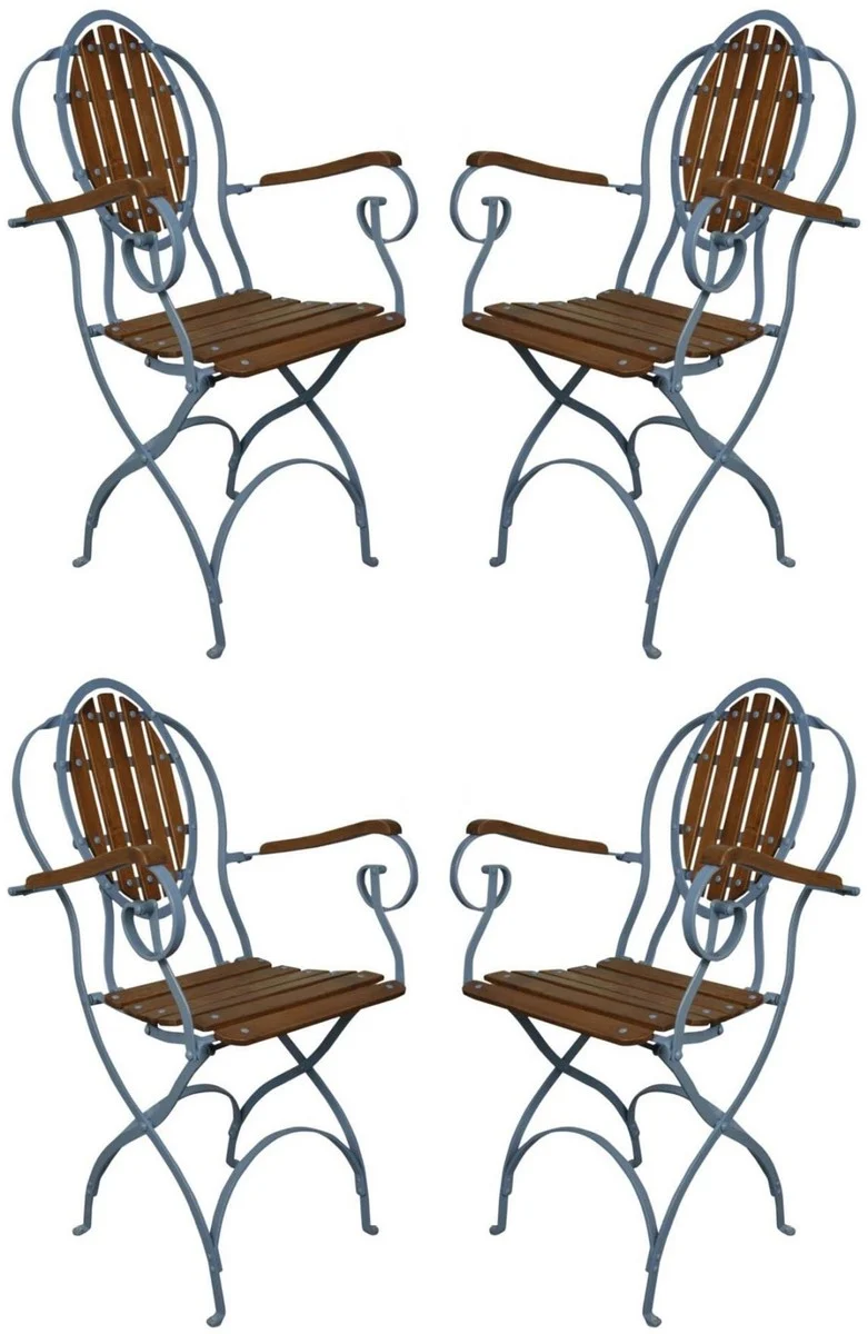 Casa Padrino Jugendstil Garten Stuhl 4er Set mit Armlehnen Hellblau / Dunkelbraun - Klappbare Garten Stühle im Jugendstil - Nostalgische Garten Möbel - Gastronomie Möbel - Barock & Jugendstil Möbel