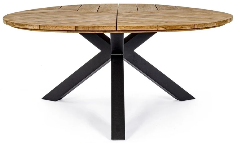 Casa Padrino Luxus Gartentisch Naturfarben / Schwarz Ø 160 x H. 77 cm - Garten Esstisch mit Teakholz Tischplatte und Aluminium Beinen - Garten & Terrassen Tisch - Luxus Garten & Terrassen Möbel