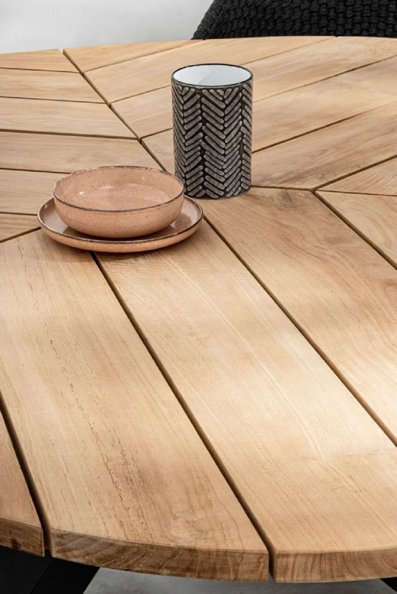 Casa Padrino Luxus Gartentisch Naturfarben / Schwarz Ø 160 x H. 77 cm - Garten Esstisch mit Teakholz Tischplatte und Aluminium Beinen - Garten & Terrassen Tisch - Luxus Garten & Terrassen Möbel