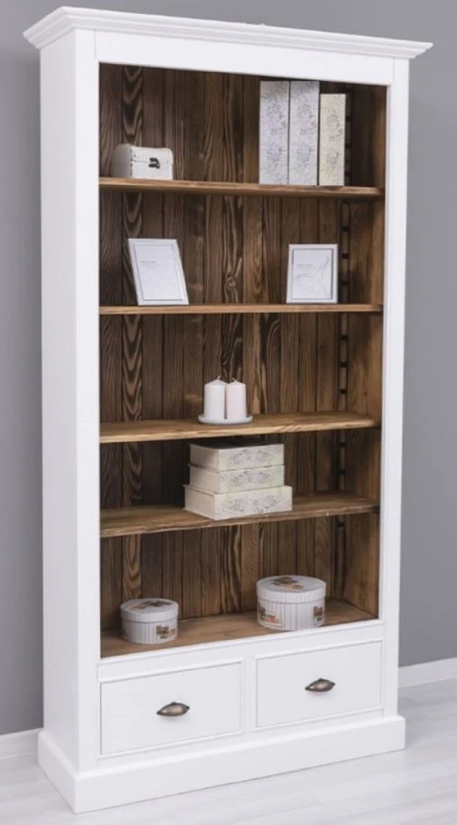 Casa Padrino Landhausstil Bücherschrank Weiß / Braun 109 x 39 x H. 210 cm - Massivholz Schrank - Regalschrank - Wohnzimmerschrank - Büroschrank - Landhausstil Möbel