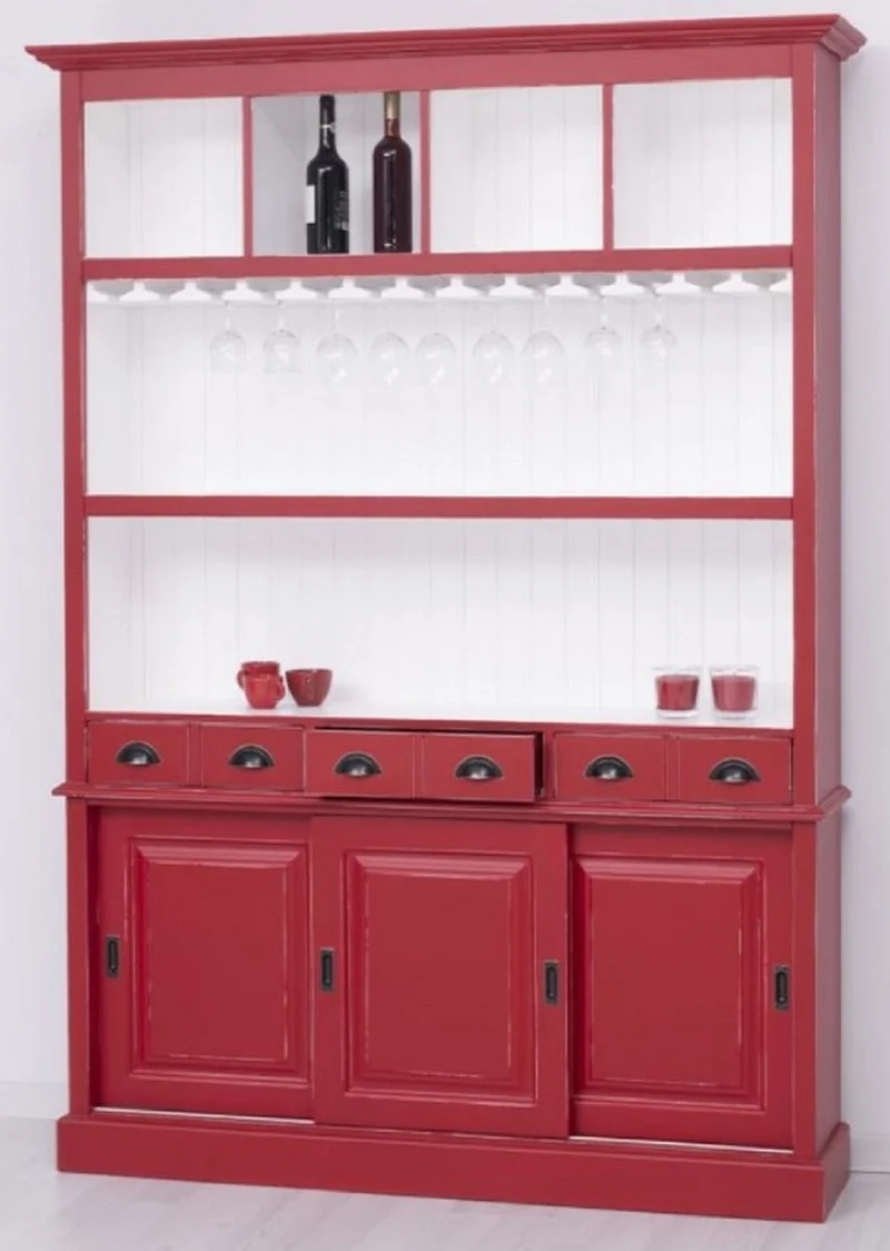 Casa Padrino Landhausstil Massivholz Barschrank Antik Rot / Weiß 151 x 36 x H. 210 cm - Massivholz Weinschrank im Landhausstil - Massivholz Bar Möbel - Landhausstil Bar Möbel