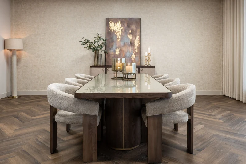 Esstisch Willox 235 cm Beige mit Glasplatte, Eiche und Metall