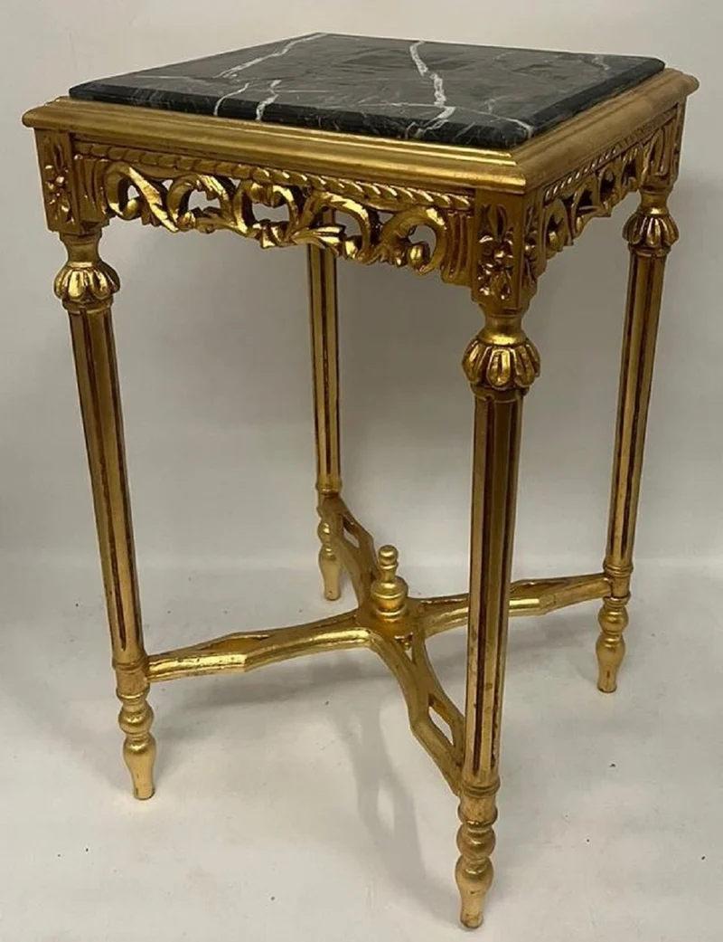 Casa Padrino Barock Beistelltisch Gold / Schwarz - Quadratischer Antik Stil Tisch mit Marmorplatte - Wohnzimmer Möbel im Barockstil - Antik Stil Möbel - Barock Möbel