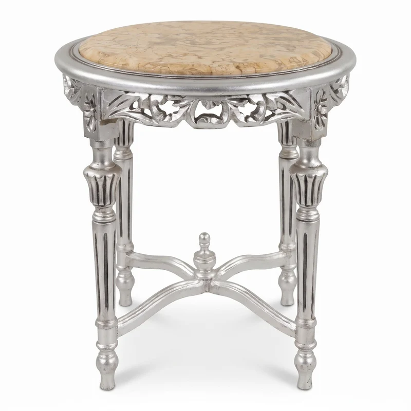 Casa Padrino Barock Beistelltisch Silber / Beige - Runder Antik Stil Massivholz Tisch mit Marmorplatte - Wohnzimmer Möbel im Barockstil - Antik Stil Möbel - Barock Möbel