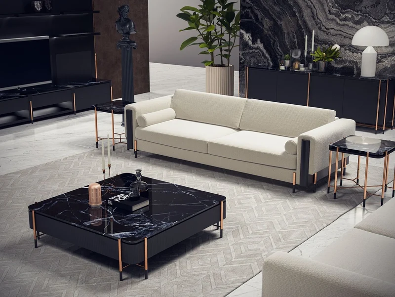 Casa Padrino Luxus Sofa Cremeweiß / Matt Schwarz / Kupfer 260 x 107 x H. 78 cm - Wohnzimmer Sofa - Hotel Sofa - Wohnzimmer Möbel - Hotel Möbel - Luxus Möbel - Luxus Einrichtung