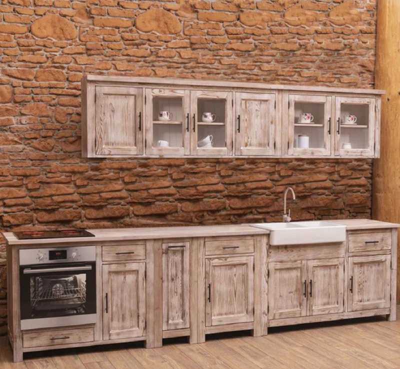 Casa Padrino Landhausstil Einbauküche Naturfarben 387 x 65 x H. 90 cm - Massivholz Küchenzeile - Esszimmer Möbel im Landhausstil - Landhausstil Massivholz Einbauküchen