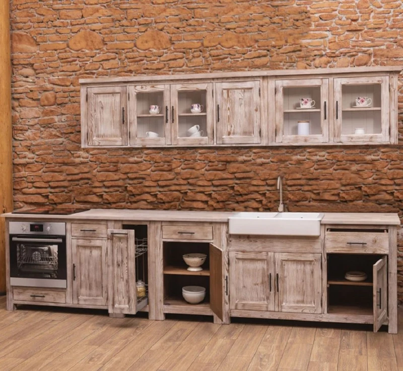 Casa Padrino Landhausstil Einbauküche Naturfarben 387 x 65 x H. 90 cm - Massivholz Küchenzeile - Esszimmer Möbel im Landhausstil - Landhausstil Massivholz Einbauküchen