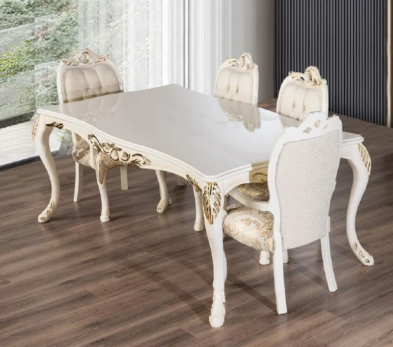 Casa Padrino Luxus Barock Esstisch Weiß / Gold - Rechteckiger Barockstil Küchentisch - Luxus Esszimmer Möbel im Barockstil - Barock Esszimmer Möbel - Barock Einrichtung