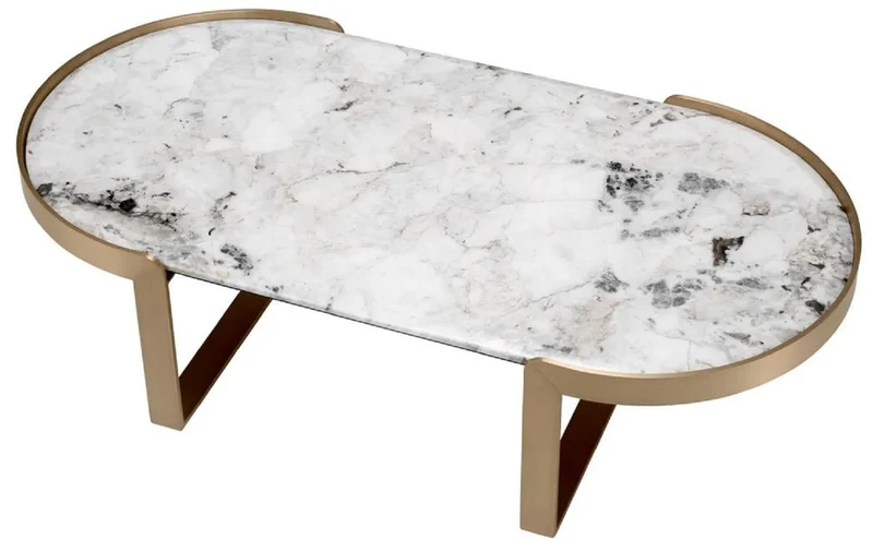 Casa Padrino Luxus Couchtisch Messing / Weiß 120 x 60,5 x H. 32,5 cm - Ovaler Wohnzimmertisch mit Marmorplatte - Wohnzimmer Möbel - Luxus Möbel - Luxus Kollektion